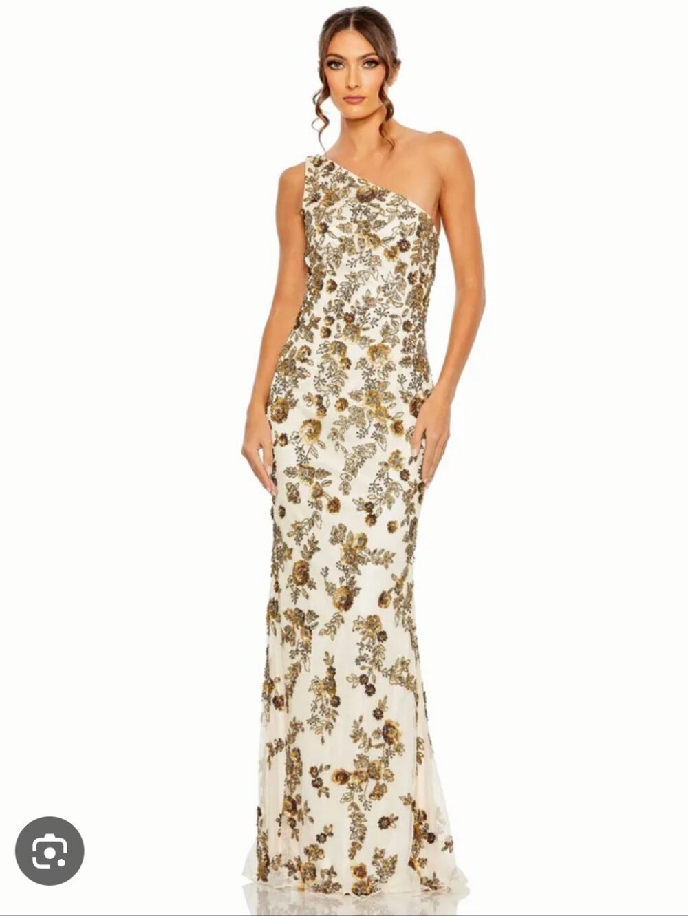 Mac Duggal Cream  One-Shoulder Gown with Gold Floral Sequins